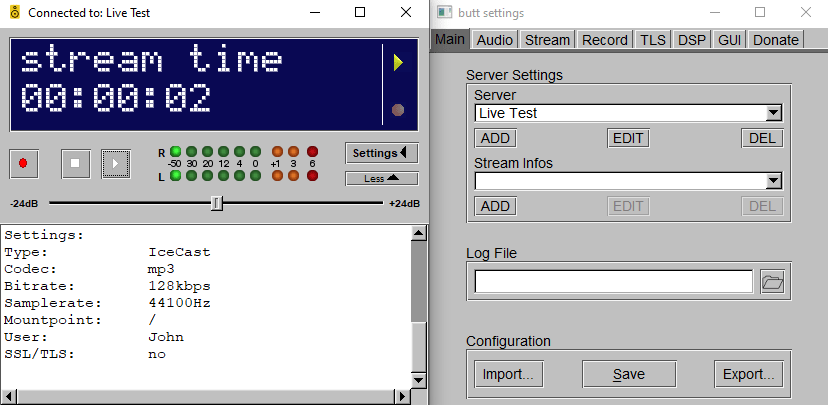 Butt streaming software live radio broadcast