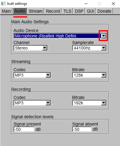 audio settings on BUTT streaming server